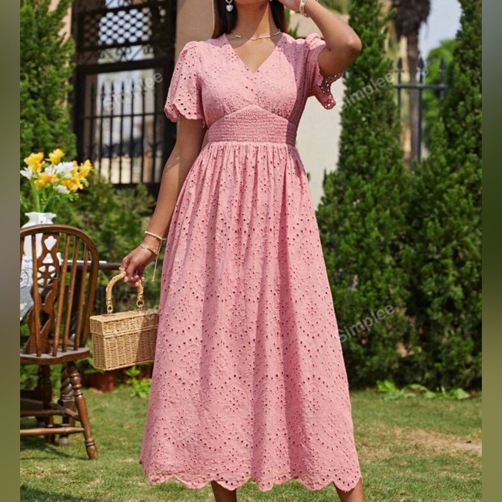 Simplee Smocked Eyelet Embroidery Puff Sleeve Midi Dress